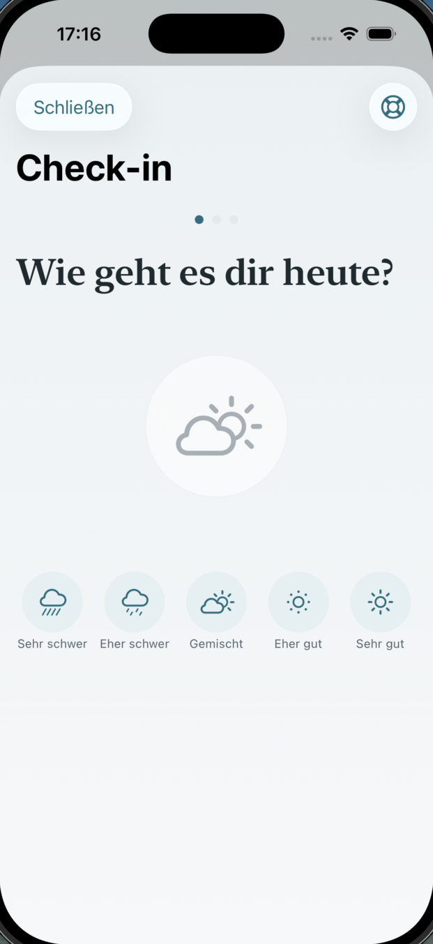 Check-in-Ansicht: „Wie geht es dir heute?“ mit fünf Stimmungs-Stufen
