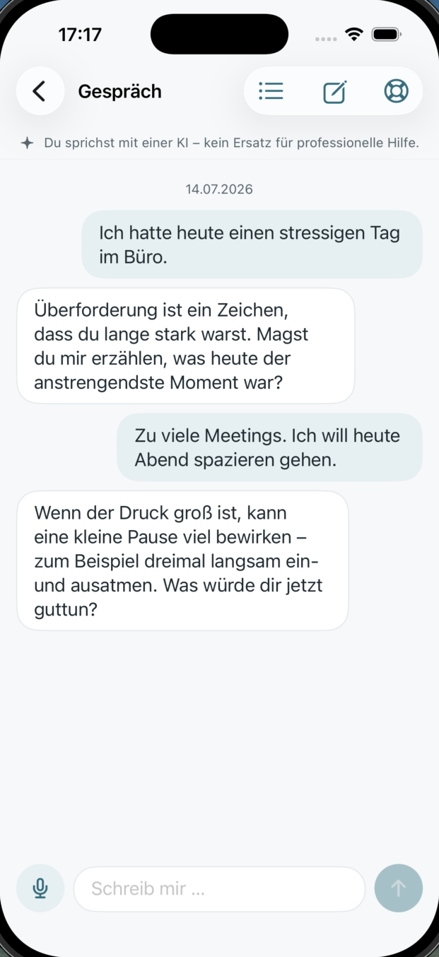 Chat-Ansicht: ruhiges Gespräch mit dem KI-Begleiter, oben der Hinweis „Du sprichst mit einer KI“