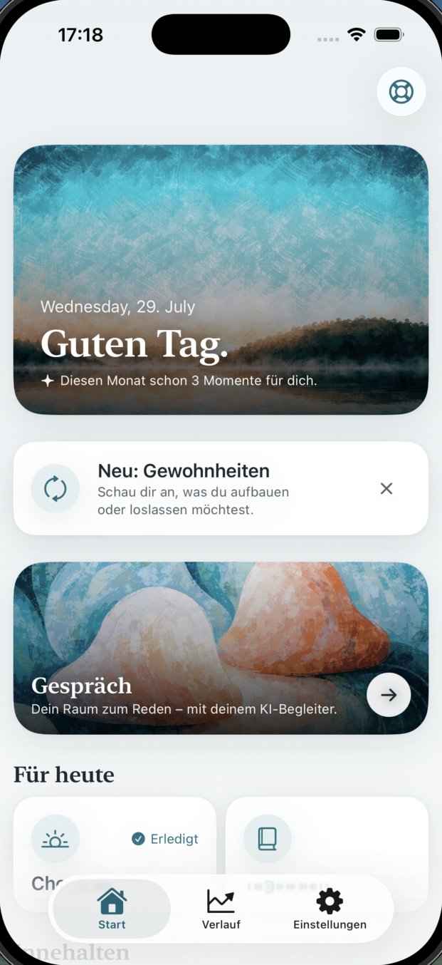 Startbildschirm der App: Tageskarte „Guten Tag.“ mit Einstieg ins Gespräch und Vorschlägen für heute